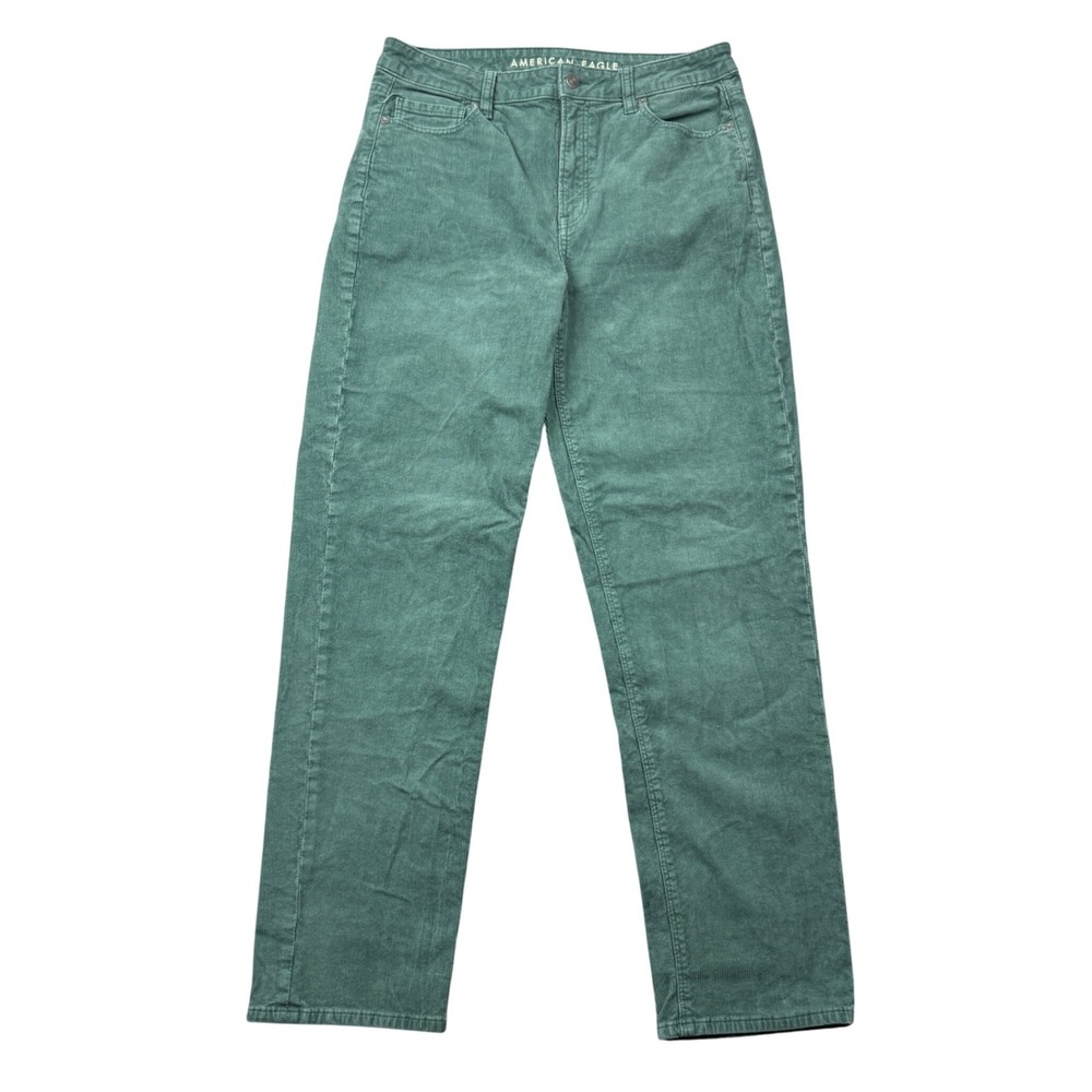 American Eagle Mom Straight Jean Teal Green Corduroy High Rise Pants 10 Long
